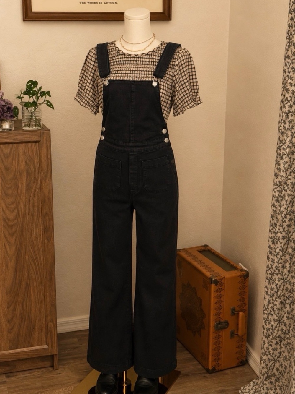NWT Free People Black Wide Leg Denim Overalls XS Boho Dungarees